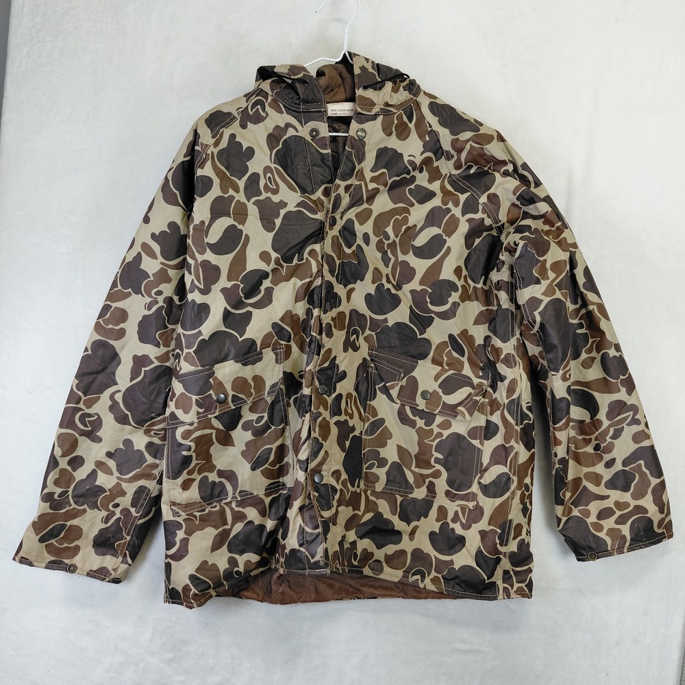 Vintage Winchester Duck Camo Hooded Hunting Jacket Mens Small PVC Quilted Lining